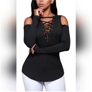 Women's Black Lace-Up Cold Shoulder Top